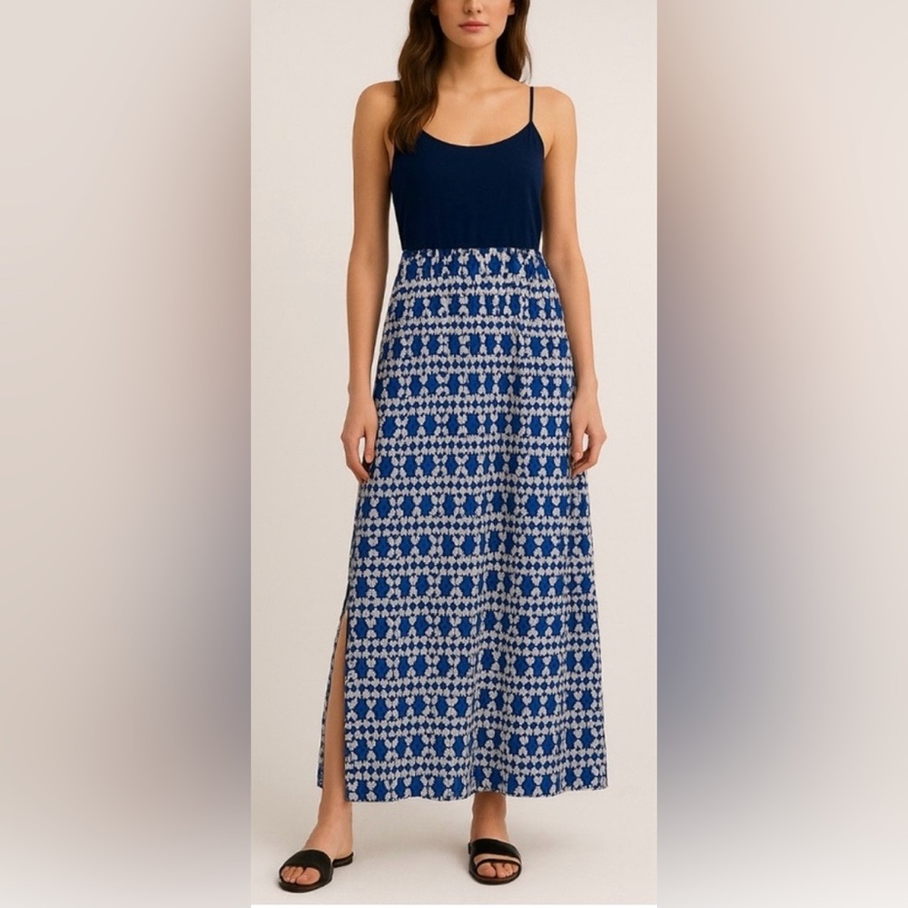 NWT J.Crew Factory Sleeveless Strap Ikat Print Halter Maxi Dress- Navy Wht - 12